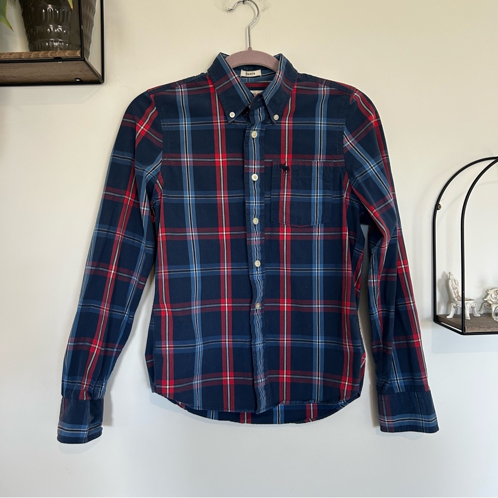 Abercrombie Kids Blue Red Plaid Long Sleeve Button Down Shirt Size Large Youth